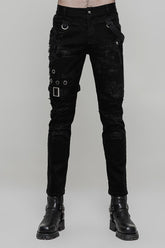 Black Metal Ring Buckles Stitching Mesh Men's Steampunk Pants